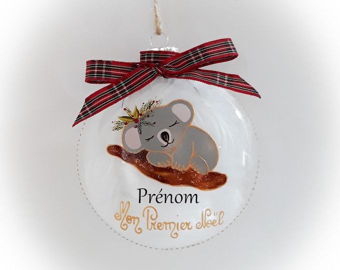 Boule de noël verre prénom personnalisé naissance mon premier noël koala  peinte main artisanale