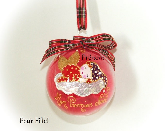 Boule de noël mon premier noël fille prénom bébé personnalisé fée ange lutine verre peint main artisanale