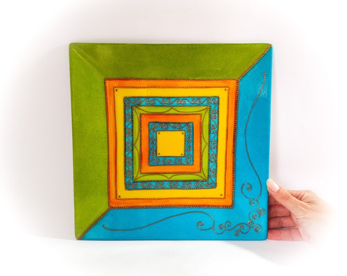 Original handmade ceramic serving platter, multicolored square cake toast platter, artisanal