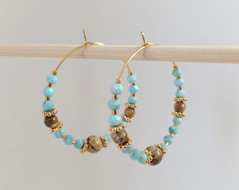 Larimar natural stone hoop earrings, 40mm, gold plated, handmade