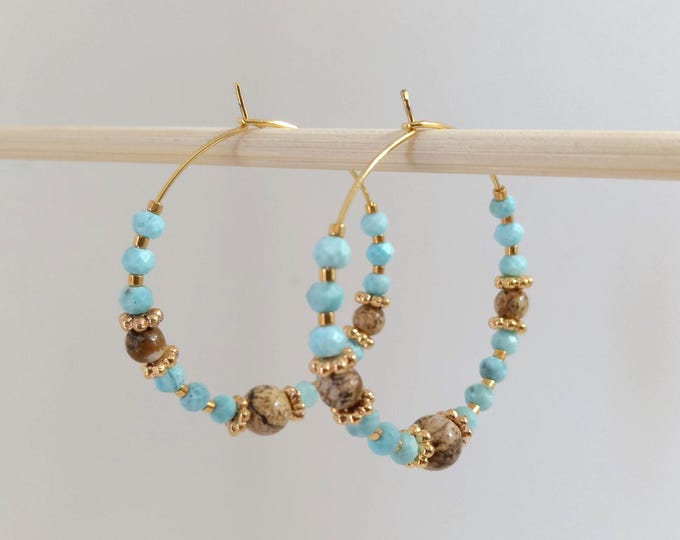 Larimar natural stone hoop earrings, 40mm, gold plated, handmade