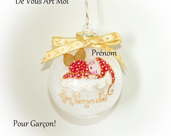 Boule de noël premier noël garçon prénom personnalisé bébé lutin ange de noël peint main