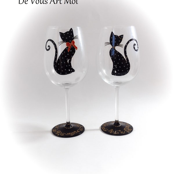 Verre à vin original illustration chat duo verre cadeau couple peint main artisanal