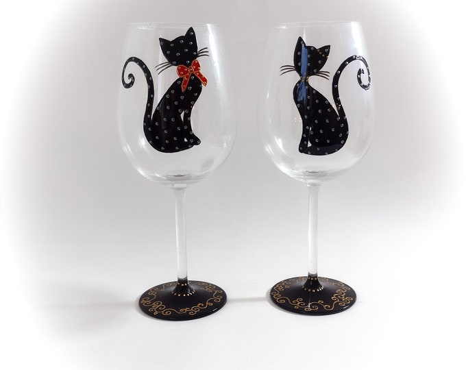 Verre à vin original illustration chat duo verre cadeau couple peint main artisanal