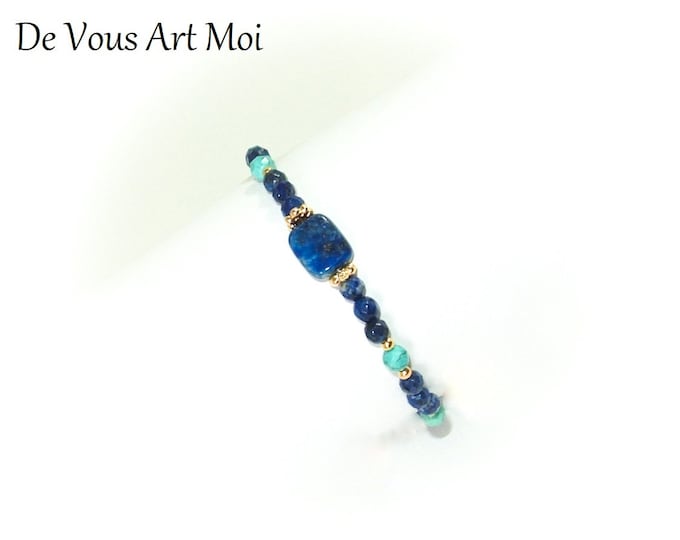 Bracelet Lapis Lazuli Turquoise pierres semi précieuses argent plaqué or artisanal