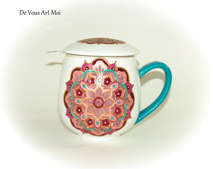 Tisanière mug filtre couvercle,tasse théière colorée mandala,peint main artisanal