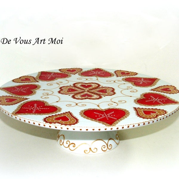 Cake Display Flat tray round on foot servant dish cake original handcrafted hand-painted porcelain