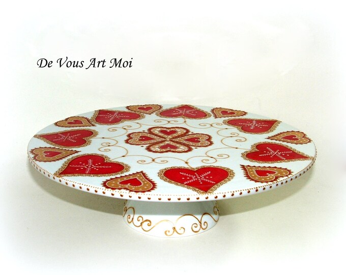 Présentatoir à gâteau Plateau plat rond sur pied serviteur plat gâteau original porcelaine peinte main artisanale