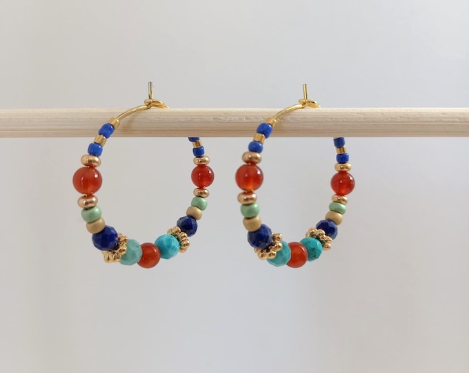 Handmade 25mm gold-plated multicolored natural stone hoop earrings