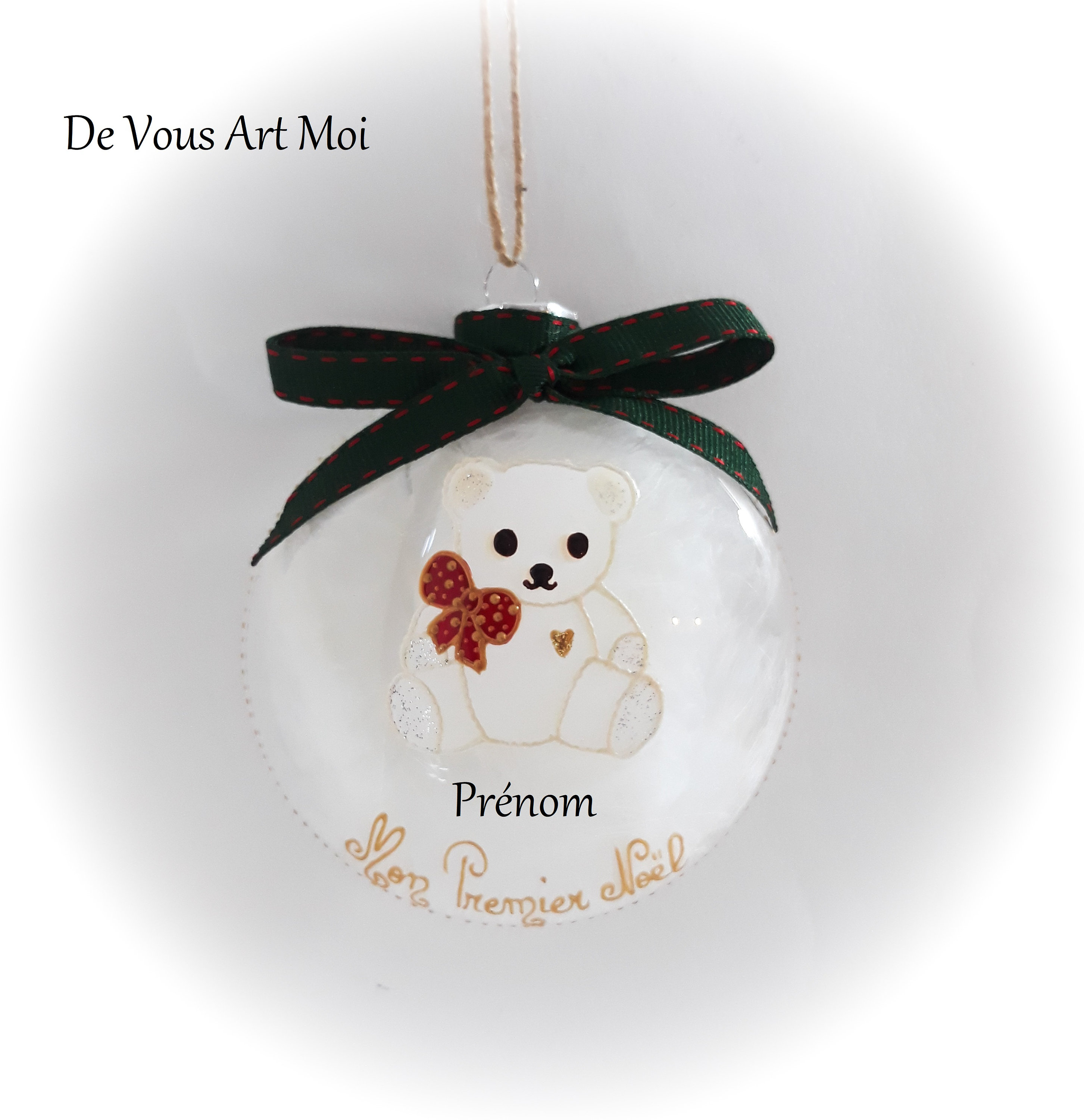 Boule De Noël Personnalisée Enfant Illustration Ourson Nounours Blanc