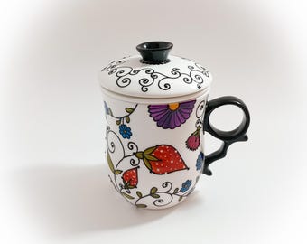 Mug Théière tisanière filtre céramique mug tasse porcelaine couvercle peint main artisanal
