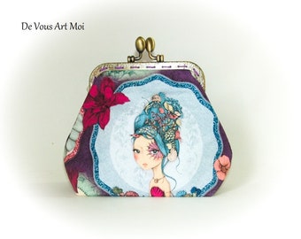 Original velvet women's pencil case coin purse illustrated with artisanal handmade metal clasp