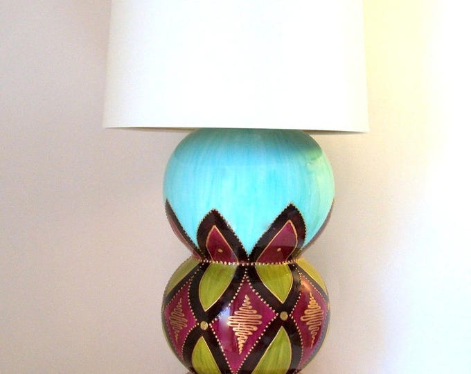 Grande Lampe en porcelaine,lampe peinte main,lampe à poser,fait main,lampe colorée bohème,pied de lampe porcelaine peinte,décoration lampe