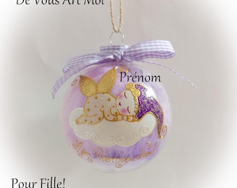 Boule de noël premier noël bébé fille naissance personnalisé mon premier noël fée ange lutine verre illustration peinte main artisanale