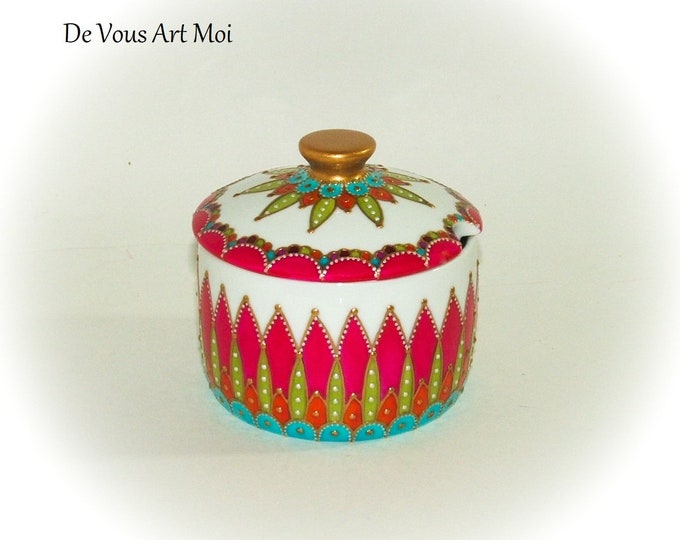 Boite sucrier porcelaine,pot récipient multicolore céramique,peint main artisanal