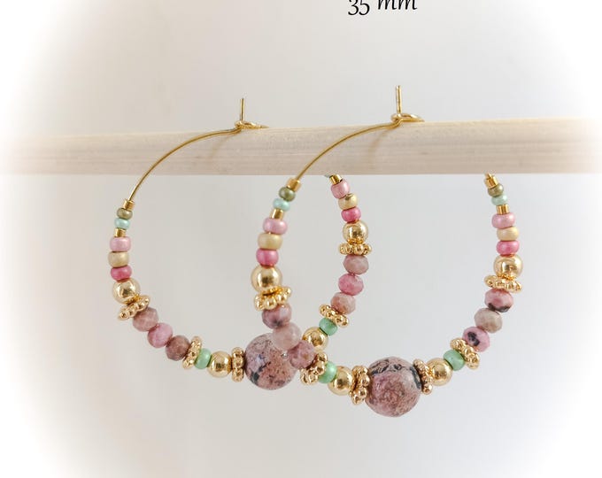 Créoles boucles d'oreille pierre rose rhodonite 35mm plaqué or artisanal