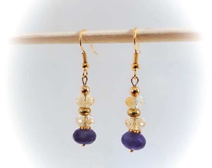 Boucles d'oreille Améthyste Citrine pierres véritables naturelles plaqué or artisanale
