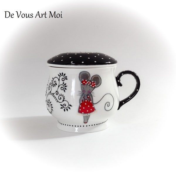 Mug Vintage Grand Format Avec Couvercle - Décor Floral Céramique - Tisanière