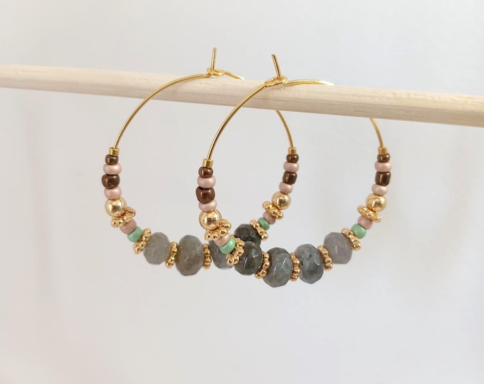 Handmade Labradorite stone hoop earrings, 35mm, gold plated