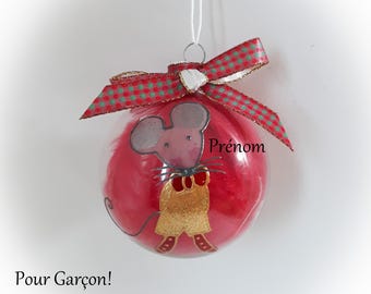 Boule de noël personnalisée illustrée naissance premier Noël garçon souris personnalisé en verre peinte main artisanale