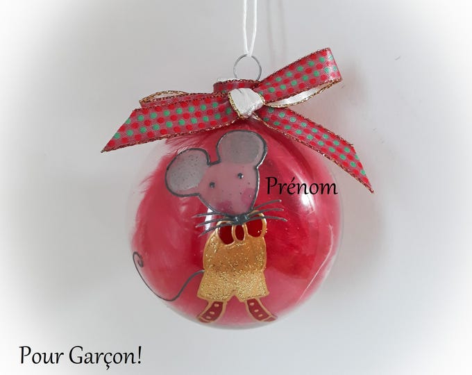 Boule de noël personnalisée illustrée naissance premier Noël garçon souris personnalisé en verre peinte main artisanale