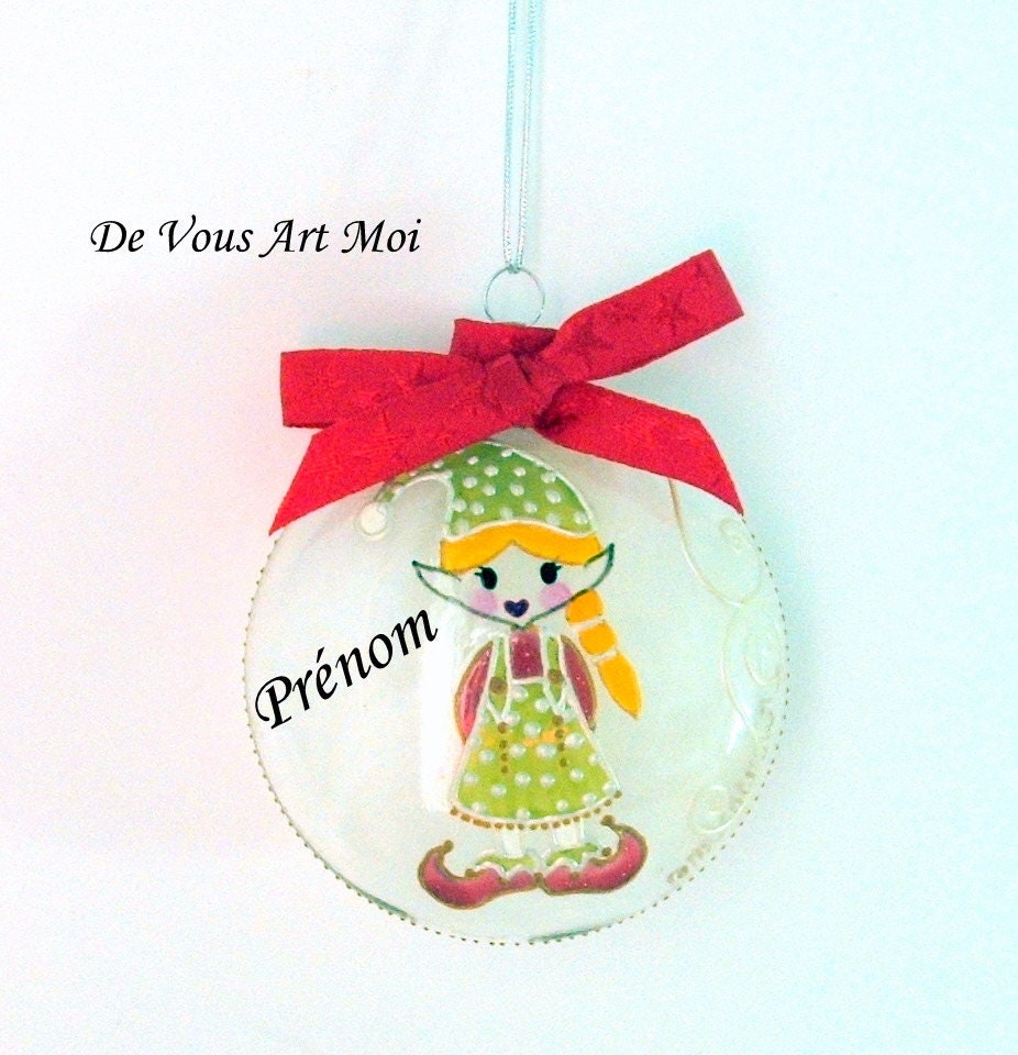 Boule Noël Prénom Personnalisée, Boule Noël Lutin Fille, Verre Peint Main