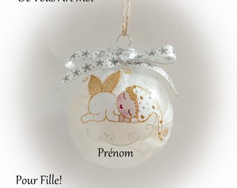 Boule de noël premier noël bébé fille naissance personnalisé mon premier noël fée ange lutine verre illustration peinte main artisanale