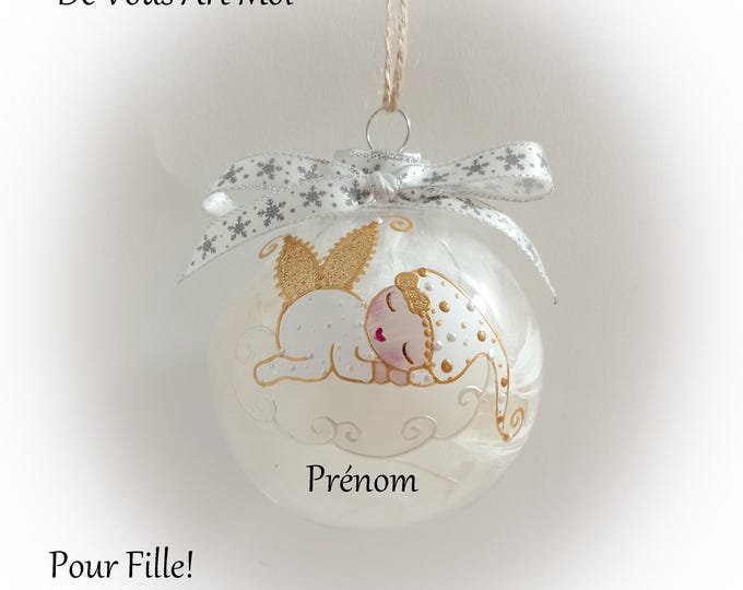 Boule de noël premier noël bébé fille naissance personnalisé mon premier noël fée ange lutine verre illustration peinte main artisanale