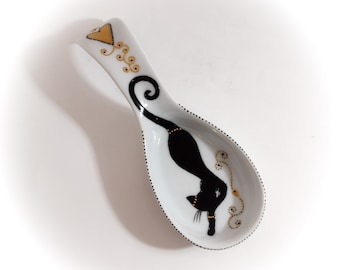 Original ceramic porcelain spoon rest, gift, cat illustration, hand-decorated and handmade