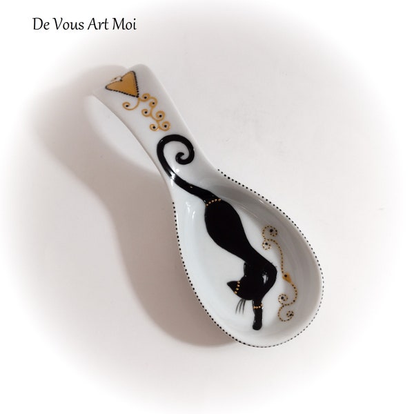 Repose cuillère original céramique porcelaine cadeau illustration chat décoré main artisanal