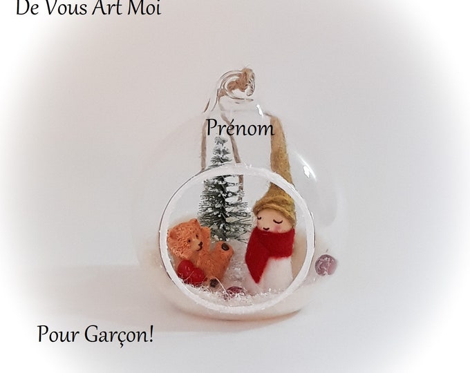 Boule de noël personnalisée garçon originale boule noël verre ouverte original lutin fait main artisanale