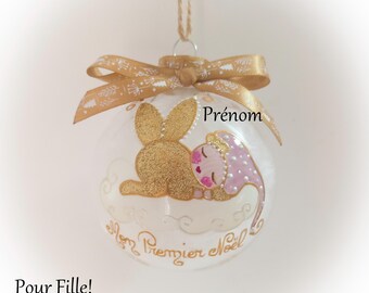 Personalized Christmas ornament for a newborn baby, featuring a fairy, angel, and elf design, hand-painted glass illustration.