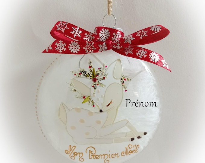 Boule de noël mon premier noël personnalisée boule naissance noël illustration faon fait main artisanale