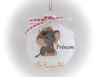 Boule Noël personnalisé verre illustré ourson nounours de Noël peinte main artisanal