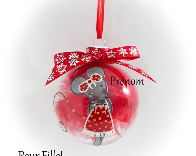 Boule de noël personnalisée prénom fille illustration dessin souris verre artisanale