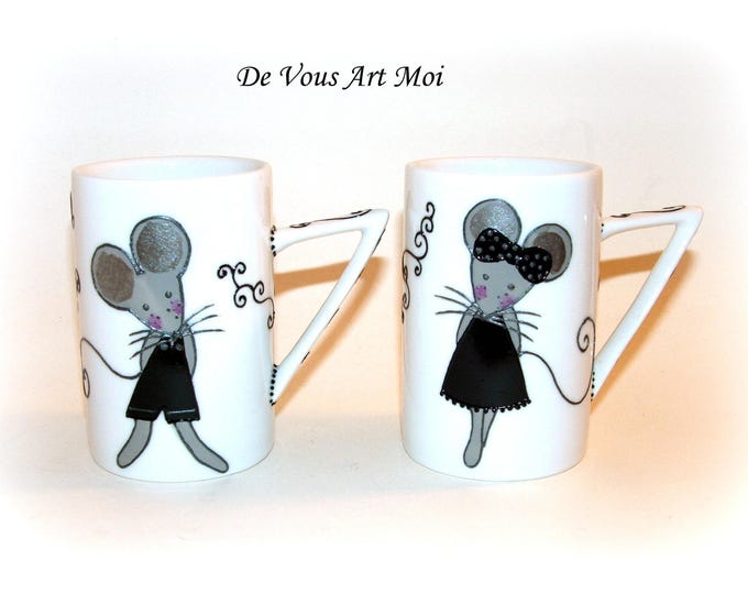 Mug duo fait main,tasse en porcelaine,peinte à la main,noire et gris,illustration Souris,tasse pour couple,mug cadeau couple,artisanal