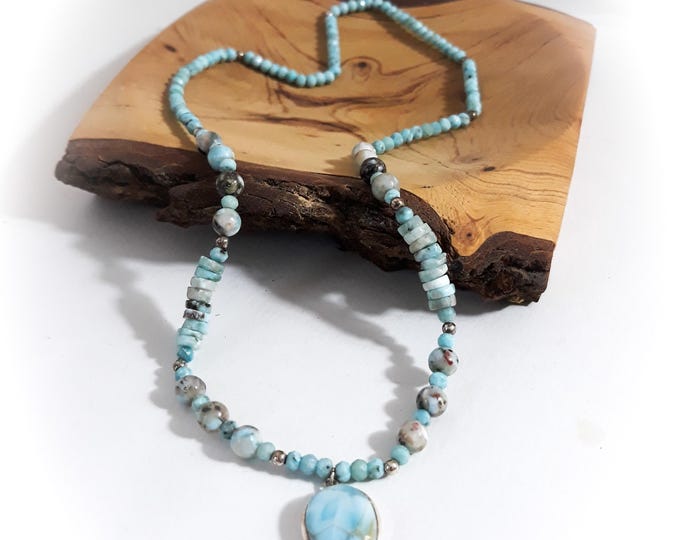 Collier Larimar pendentif pierre semi précieuse argent massif fait main artisanal