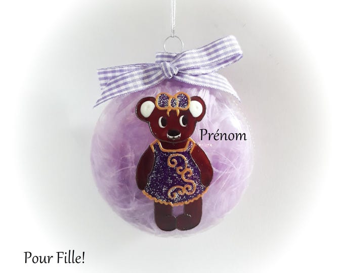 Boule de Noël personnalisée prénom fille oursonne verre peint main artisanal