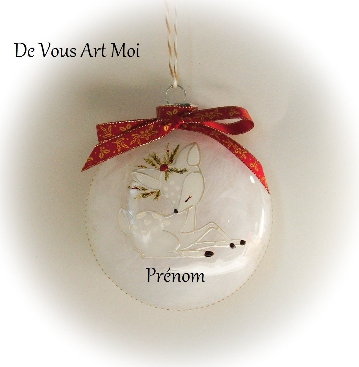 Boule Noël Prénom Personnalisée, Boule Noël Bébé Biche Faon, Fait Main Artisanale