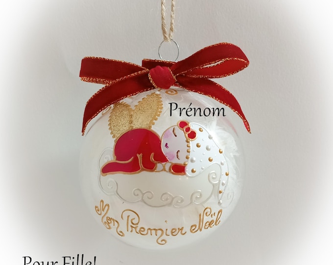 Boule de noël premier noël bébé fille naissance personnalisé mon premier noël fée ange lutine verre illustration peinte main artisanale
