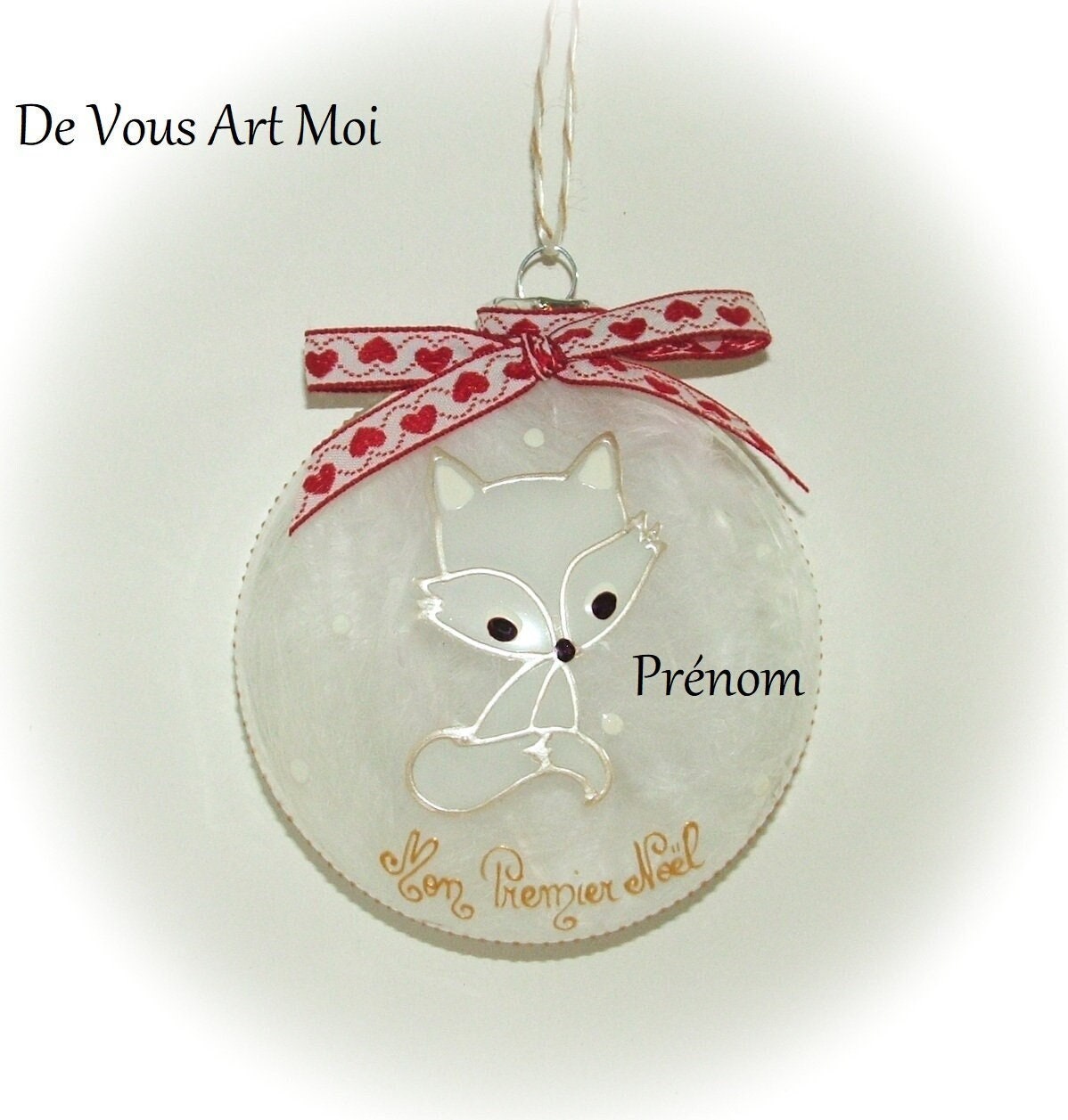 Boule Mon Premier Noël Personnalisée, Fait Main, Boule Noël Verre Renard Blanc, Artisanale