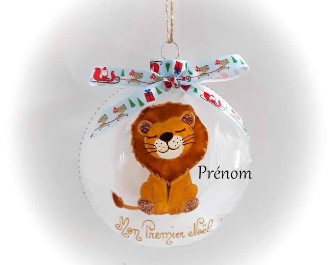 Boule premier noël lion prénom personnalisé verre peint main artisanale