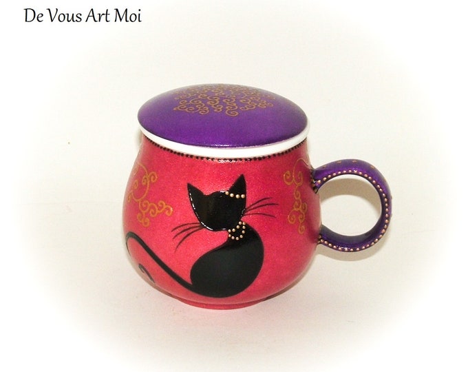 Théière tisanière thème chat mug porcelaine filtre couvercle peint main artisanal