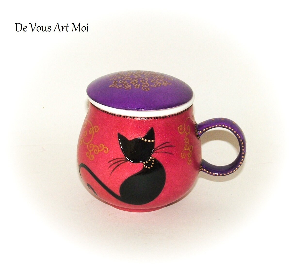 Théière Tisanière Thème Chat, Mug Porcelaine Filtre Couvercle, Peint Main Artisanal