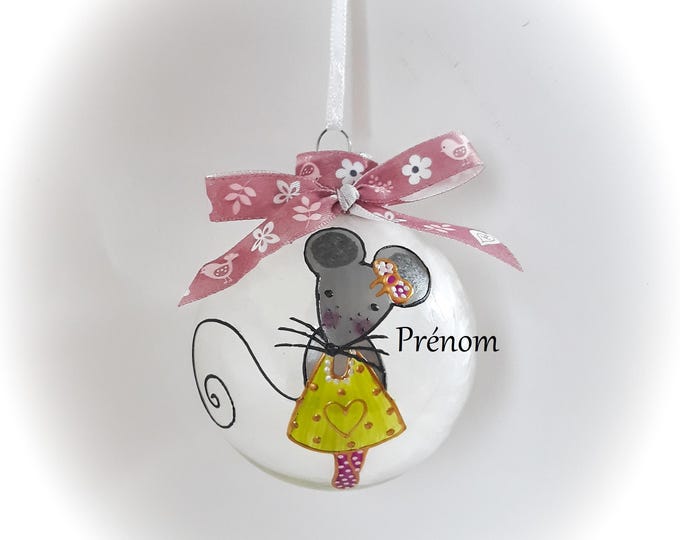 Boule de noël souris prénom personnalisé fille verre peint main artisanal