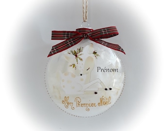 Boule de Noël mon premier noël faon personnalisée dessin illustration bébé biche faon verre fait main artisanale