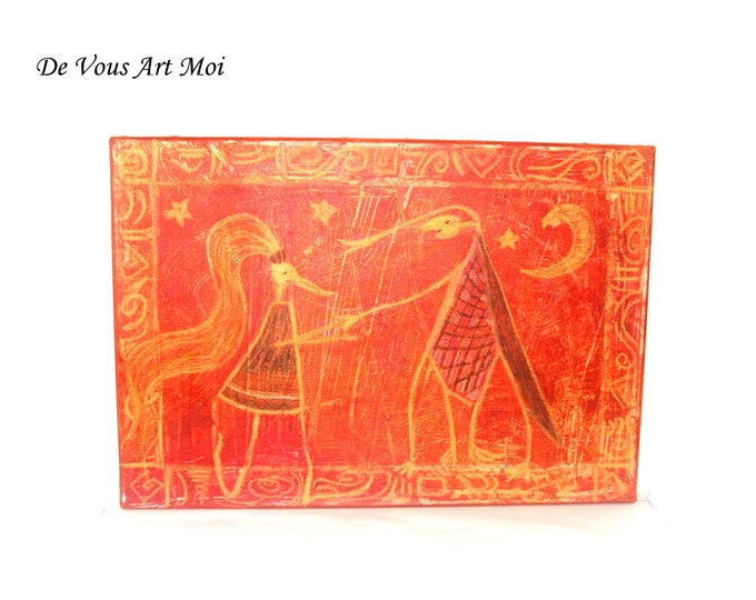 Tableau rectangle peint main,peinture châssis entoilé,fait main,portrait personnage abstrait,décoration tableau orange