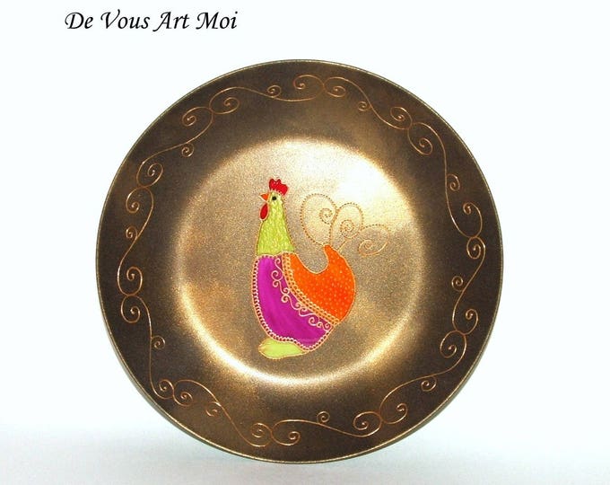 Poule coq céramique plat vide poche décoré originale coloré fait main artisanale