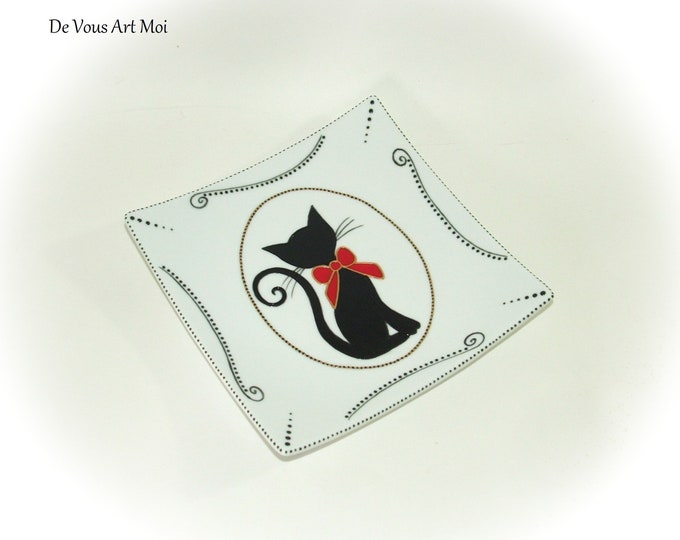 Vide poche coupelle porcelaine,cadeau thème chat,peint main artisanal