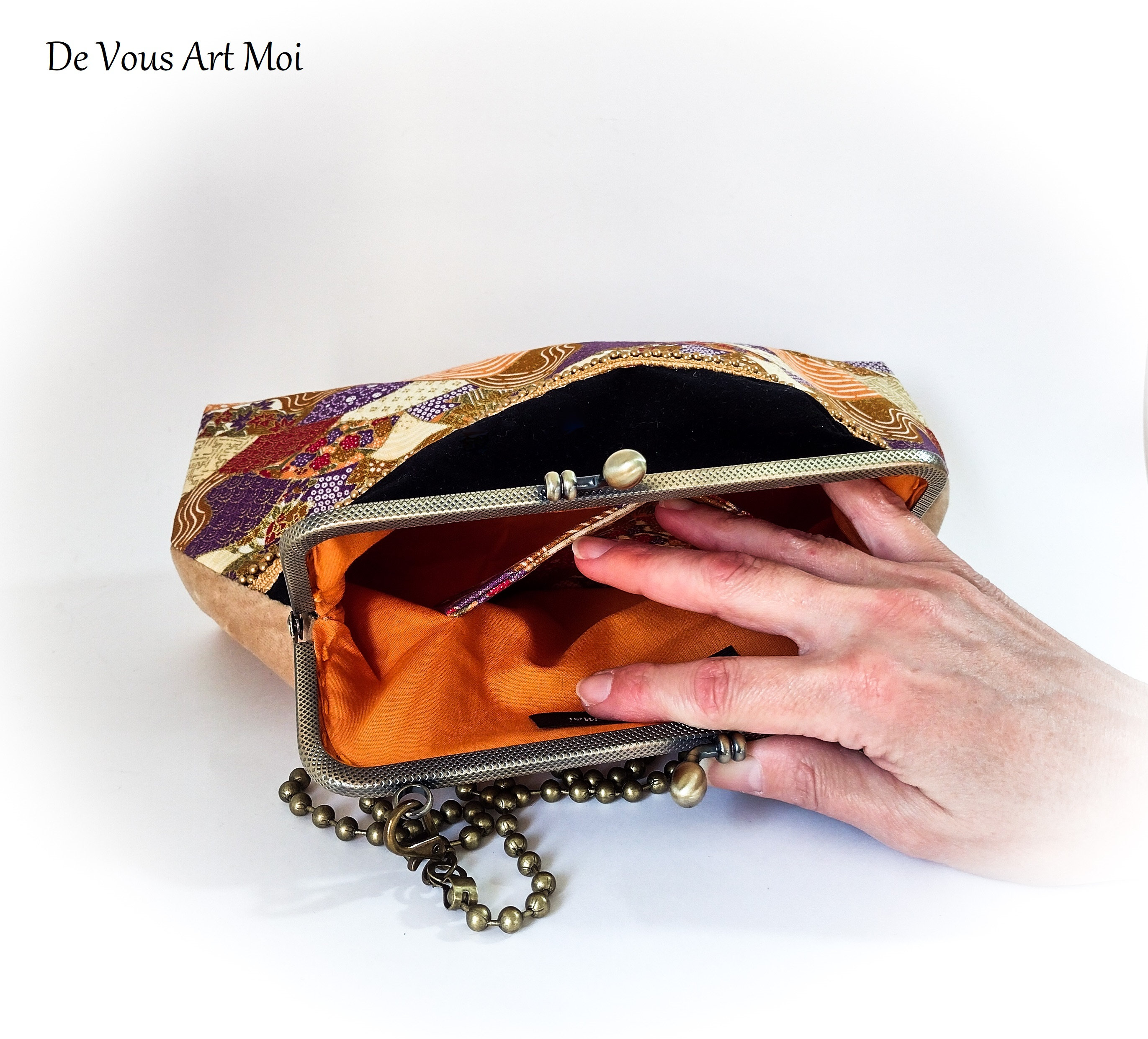 Sac pochette Minaudiere fermoir metallique original tissus japonais velours bandouliere chaine fait main artisanal